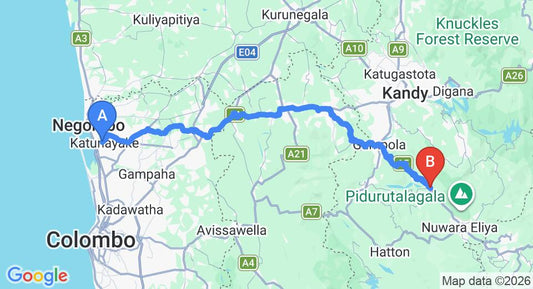 Driving route map: Colombo Airport (CMB) to Oak Ray Tea Bush, Ramboda (135 km, approx 4 h 5 min private transfer)
