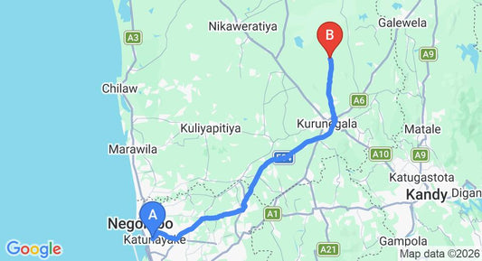 Driving route map: Colombo Airport (CMB) to Hiripitiya (95 km, approx 2 h 1 min private transfer)