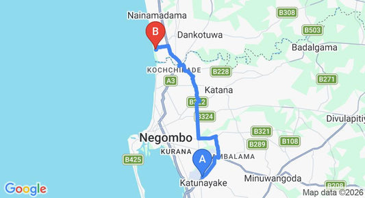 Driving route map: Colombo Airport (CMB) to Ranweli Holiday Village, Waikkal (20 km, approx 42 min private transfer)
