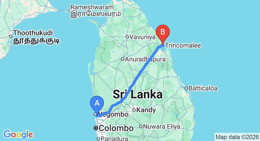 Driving route map: Colombo Airport (CMB) to Hotel Green Garden, Trincomalee (236 km, approx 4 h 46 min private transfer)