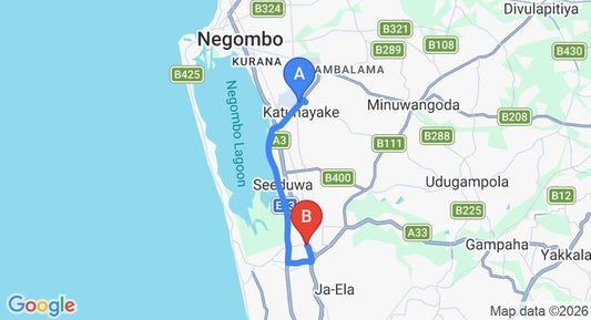 Driving route map: Colombo Airport (CMB) to Blue Gum Hotel, Negombo (14 km, approx 20 min private transfer)