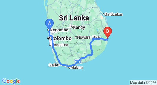 Driving route map: Colombo Airport (CMB) to Monsoon - Wooden chalets for a peaceful getaway, Pottuvil (422 km, approx 6 h 30 min private transfer)
