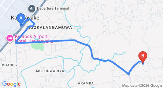 Driving route map: Colombo Airport (CMB) to Hinatiyana (6 km, approx 14 min private transfer)