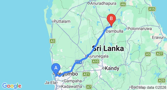 Driving route map: Colombo Airport (CMB) to Dambuluy Oya Family Park, Sigiriya (146 km, approx 3 h 13 min private transfer)