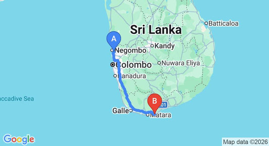 Driving route map: Colombo Airport (CMB) to Dikwella Resort & Spa, Dikwella (198 km, approx 2 h 48 min private transfer)