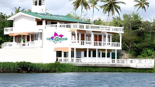 Two-story house with a 'Hotellorid' sign on a waterfront property with palm trees in the background.