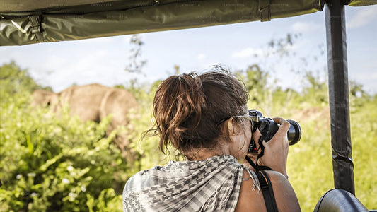 A person on a safari tour using a camera to photograph wildlife in a grassy field.