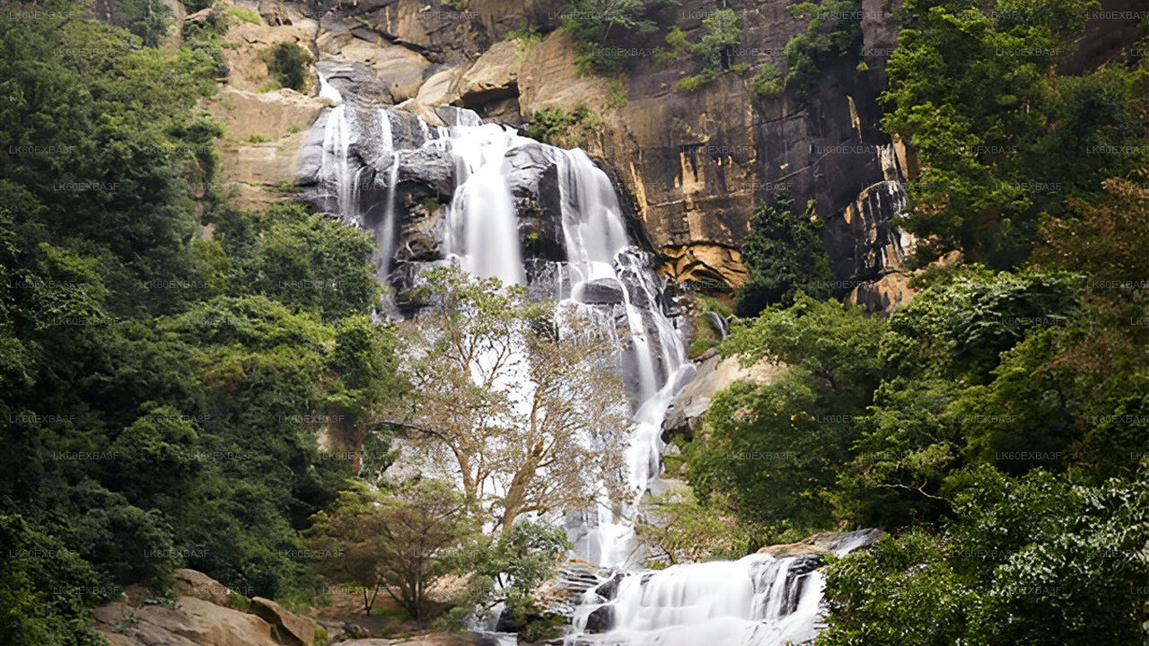 Waterfall cascading down a rocky cliff surrounded by lush greenery