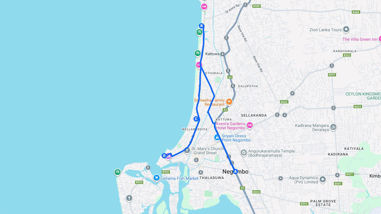 Market Tour from Negombo map showing highlighted visiting locations and travel route.