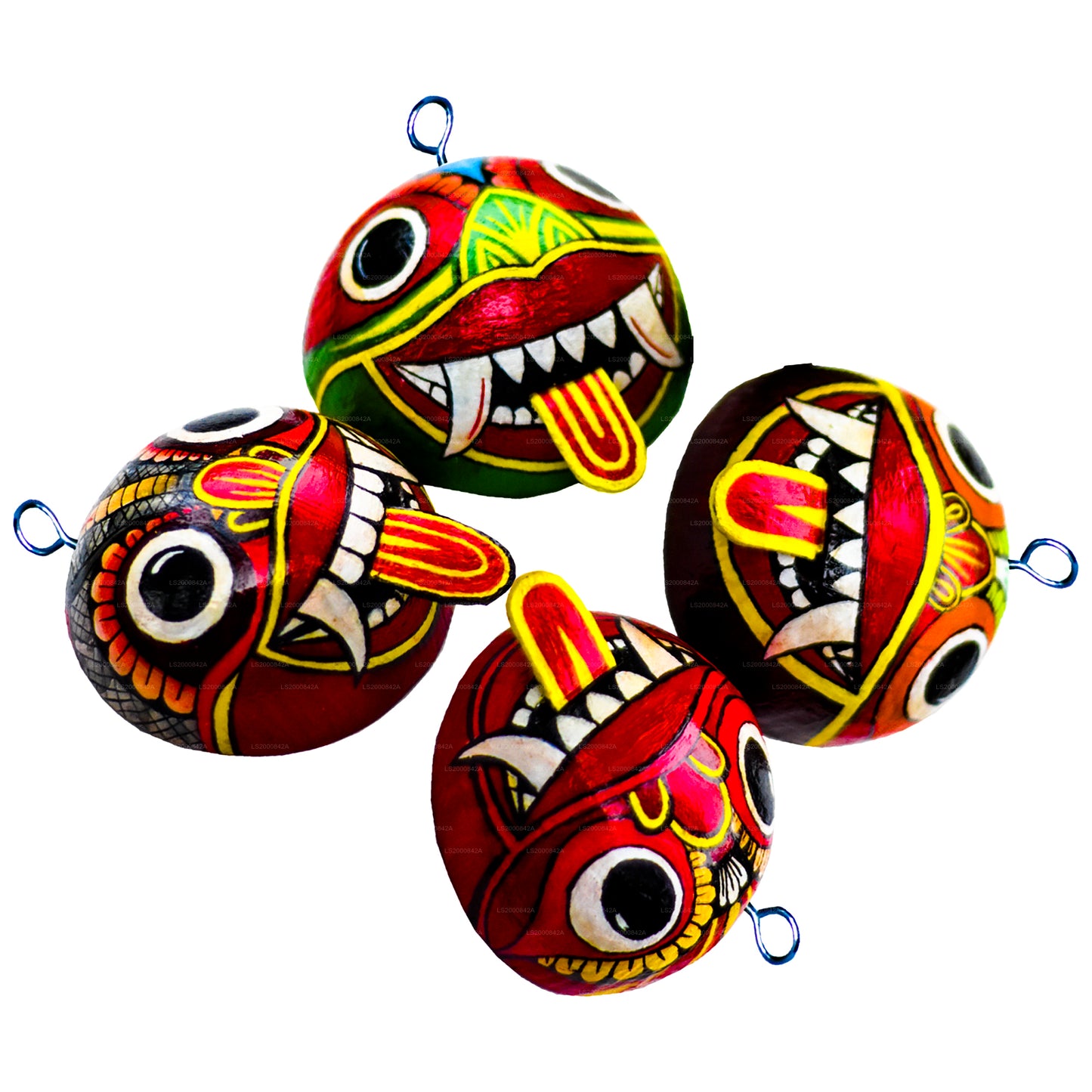 Sri Lankan Traditional Raksha Masks (Mayura, Maru, Agni, Naga) Painted Over Coconut Shells (Pack of 4)