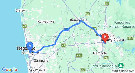 Driving route map: Colombo Airport (CMB) to Kandy Bungalow, Kandy (116 km, approx 2 h 59 min private transfer)