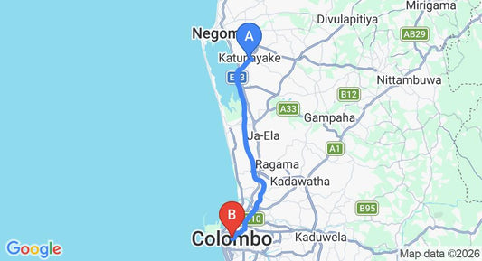 Driving route map: Colombo Airport (CMB) to Mount Sea Pal, Colombo (32 km, approx 39 min private transfer)