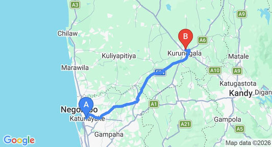 Driving route map: Colombo Airport (CMB) to Seasons Hotel, Kurunegala (78 km, approx 1 h 39 min private transfer)