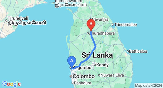 Driving route map: Colombo Airport (CMB) to Heritage Mihintale Resort, Mihintale (188 km, approx 3 h 52 min private transfer)