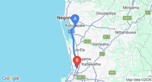 Driving route map: Colombo Airport (CMB) to Villa Arianna, Wattala (26 km, approx 35 min private transfer)