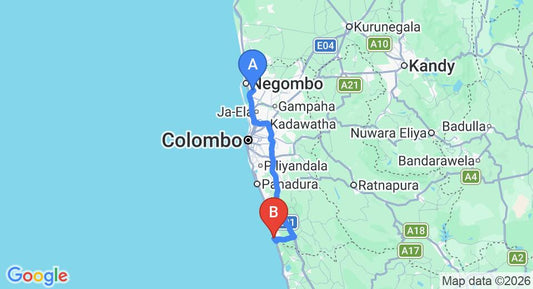 Driving route map: Colombo Airport (CMB) to Occidental Eden Beruwala, Beruwala (108 km, approx 1 h 42 min private transfer)
