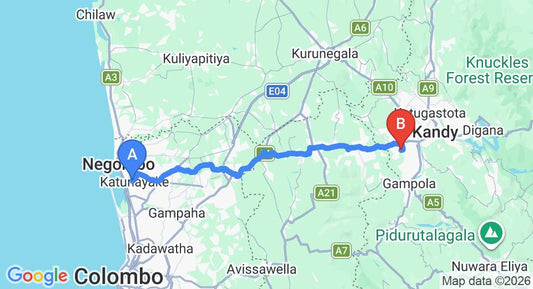 Driving route map: Colombo Airport (CMB) to Toropi Homestay, Kandy (95 km, approx 2 h 46 min private transfer)