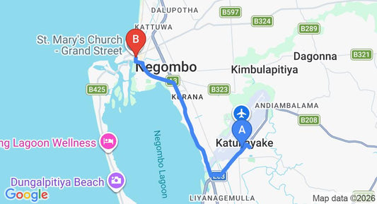 Driving route map: Colombo Airport (CMB) to Hive 68 - Hotel and Resorts Negombo, Negombo (10 km, approx 23 min private transfer)