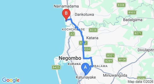 Driving route map: Colombo Airport (CMB) to Villa Suriyagaha, Waikkal (20 km, approx 42 min private transfer)