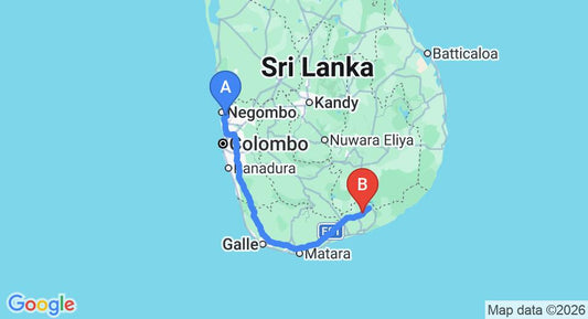 Driving route map: Colombo Airport (CMB) to Mattala (270 km, approx 3 h 29 min private transfer)