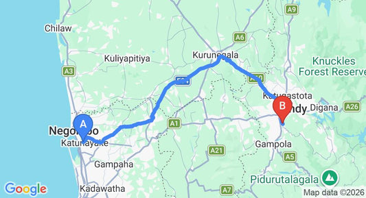 Driving route map: Colombo Airport (CMB) to Hindagala Heights, Kandy (117 km, approx 2 h 57 min private transfer)