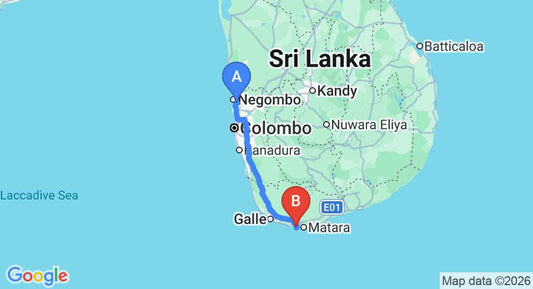 Driving route map: Colombo Airport (CMB) to Mirissa (178 km, approx 2 h 37 min private transfer)