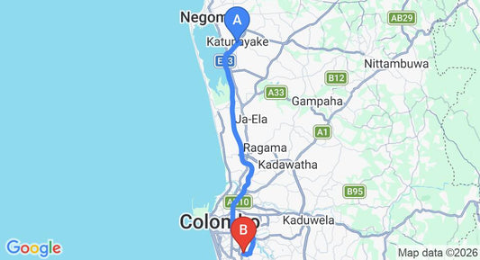Driving route map: Colombo Airport (CMB) to GEO7 Apartments by Garton's Group, Nugegoda (40 km, approx 57 min private transfer)