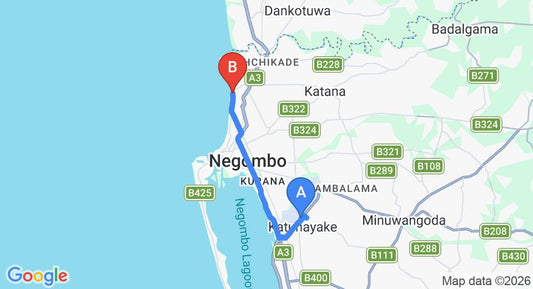 Driving route map: Colombo Airport (CMB) to Paradise Holiday Village, Negombo (14 km, approx 33 min private transfer)