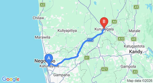 Driving route map: Colombo Airport (CMB) to Kurunegala (72 km, approx 1 h 37 min private transfer)