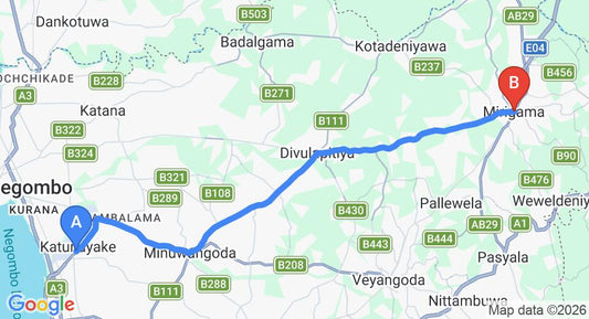 Driving route map: Colombo Airport (CMB) to Mirigama (32 km, approx 57 min private transfer)