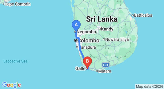 Driving route map: Colombo Airport (CMB) to Sea View Beach Resort, Unawatuna (153 km, approx 2 h 12 min private transfer)