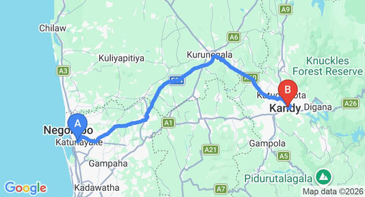Driving route map: Colombo Airport (CMB) to Sarvodaya Samma Vaasa Residence, Kandy (116 km, approx 2 h 53 min private transfer)