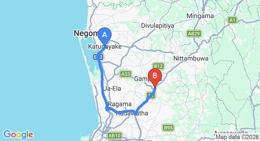 Driving route map: Colombo Airport (CMB) to Mudungoda (39 km, approx 46 min private transfer)