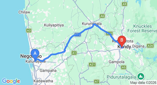 Driving route map: Colombo Airport (CMB) to Jack Tree Lodge, Kandy (112 km, approx 2 h 47 min private transfer)