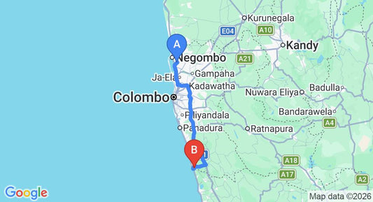 Driving route map: Colombo Airport (CMB) to TARU VILLAS-RIVER COTTAGE, Bentota (108 km, approx 1 h 42 min private transfer)