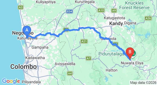 Driving route map: Colombo Airport (CMB) to Luxe Wilderness, Nuwara Eliya (155 km, approx 4 h 46 min private transfer)