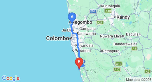 Driving route map: Colombo Airport (CMB) to Arcade Beach Hotel, Bentota (112 km, approx 1 h 46 min private transfer)