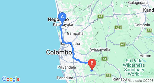 Driving route map: Colombo Airport (CMB) to Batugampola (71 km, approx 1 h 31 min private transfer)