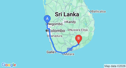 Driving route map: Colombo Airport (CMB) to Lunugamvehera (265 km, approx 3 h 23 min private transfer)