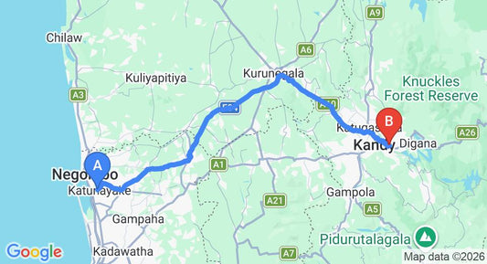 Driving route map: Colombo Airport (CMB) to Heavens Holiday Resort, Kandy (118 km, approx 2 h 58 min private transfer)
