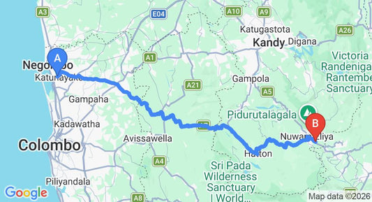 Driving route map: Colombo Airport (CMB) to Shanbe Hills Hotel, Nuwara Eliya (157 km, approx 4 h 50 min private transfer)