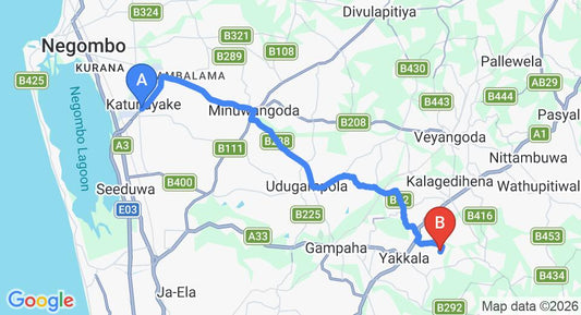 Driving route map: Colombo Airport (CMB) to The Private Cottage, Yakkala (28 km, approx 57 min private transfer)