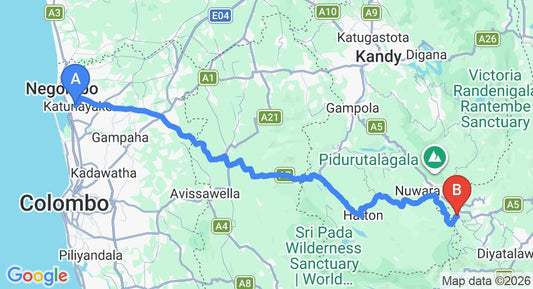 Driving route map: Colombo Airport (CMB) to Warwick Gardens, Nuwara Eliya (168 km, approx 5 h 21 min private transfer)