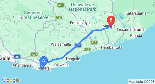 Driving route map: Matara to Mattala (HRI) Airport (88 km, approx 1 h 15 min private transfer)