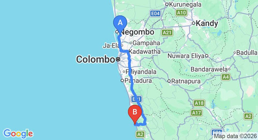 Driving route map: Colombo Airport (CMB) to Michelle Boutique Hotel Balapitiya, Balapitiya (133 km, approx 2 h 3 min private transfer)