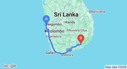 Driving route map: Colombo Airport (CMB) to Rasoja Holiday Resort, Yala (281 km, approx 3 h 41 min private transfer)