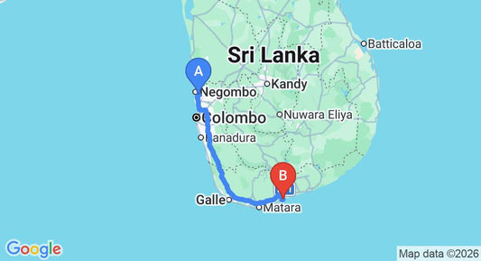 Driving route map: Colombo Airport (CMB) to Patini Bungalows, Tangalle (218 km, approx 2 h 56 min private transfer)
