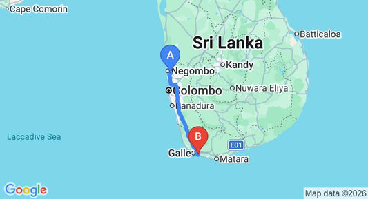Driving route map: Colombo Airport (CMB) to Galle Henna Estate, Talpe (155 km, approx 2 h 13 min private transfer)