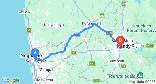 Driving route map: Colombo Airport (CMB) to Hotel Ganga Addara, Kandy (112 km, approx 2 h 46 min private transfer)
