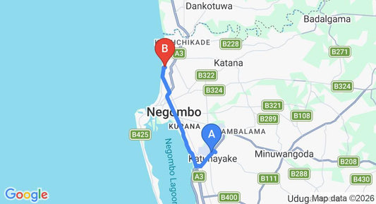 Driving route map: Colombo Airport (CMB) to Leighton Resort, Negombo (14 km, approx 33 min private transfer)